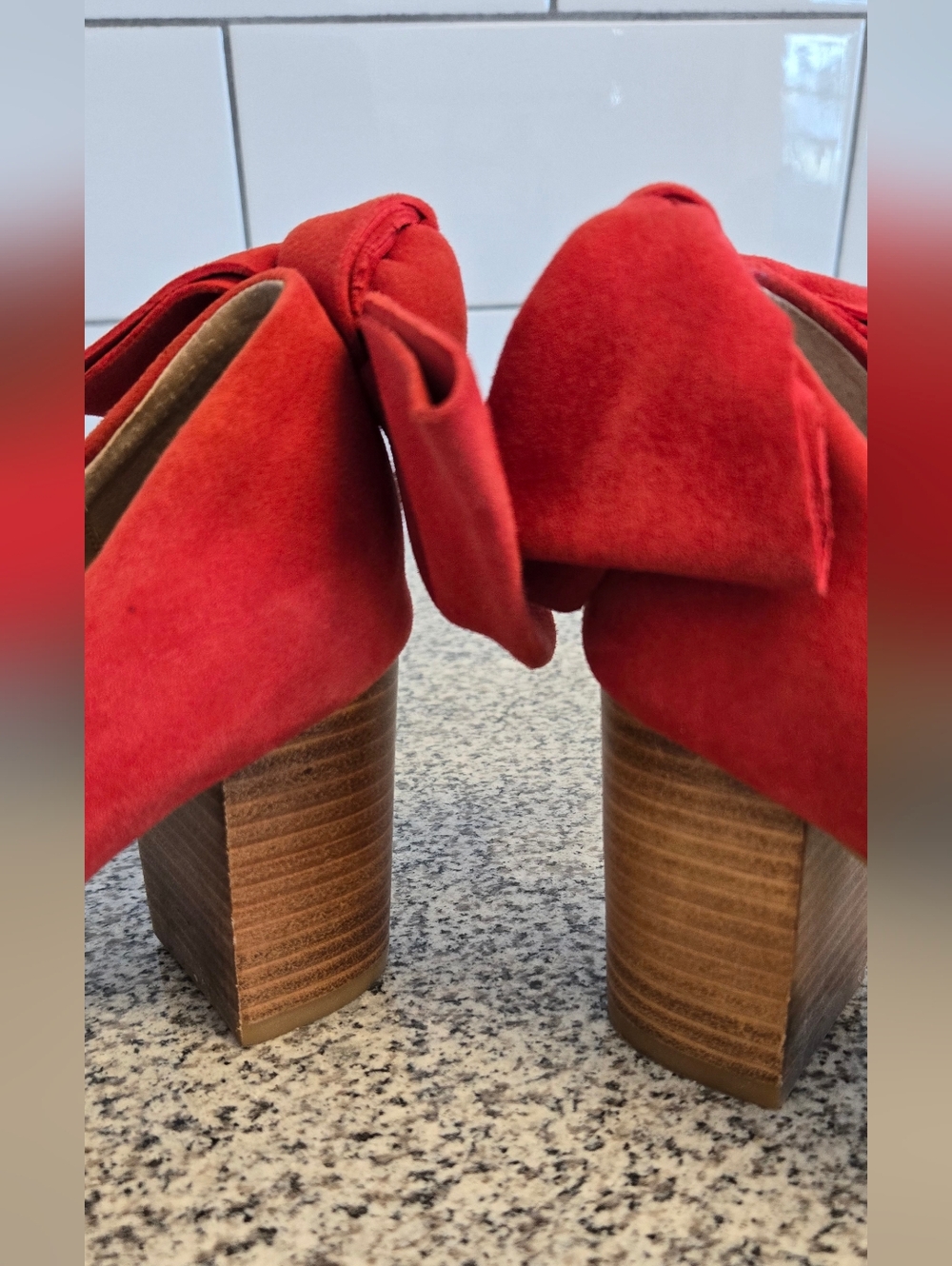 Anthropologie Red Suede Bow Block Heel Pumps - Picture 4 of 5